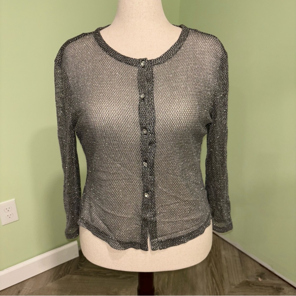 Vintage Cachet Grey Metallic Sheer Cardigan Made In USA Women’s Size 14